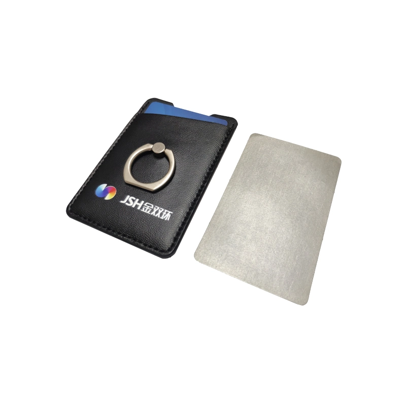 RFID PU Leather Cell Phone Credit Card Holder with Finger Grip Ring Stand