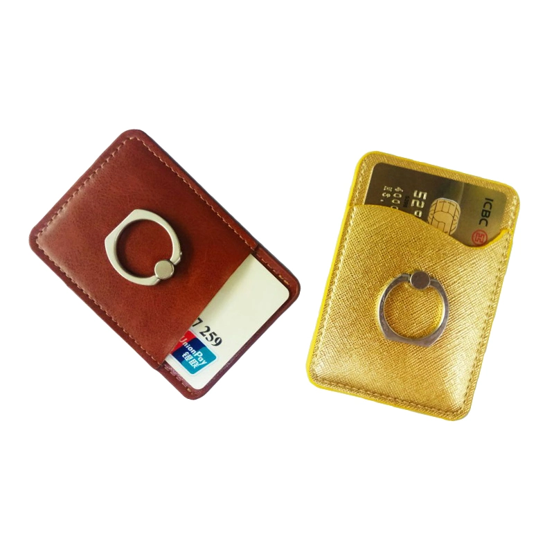Adhesive Stick-on Mobile Phone ID Credit Card Holder Wallet Luxury Leather Cell Phone Card Holder with Ring