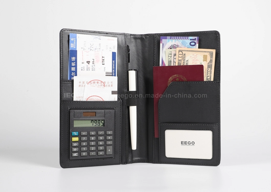 Custom Logo PU Leather Business Multi-Function Travel Passport Card Holder with Calculator